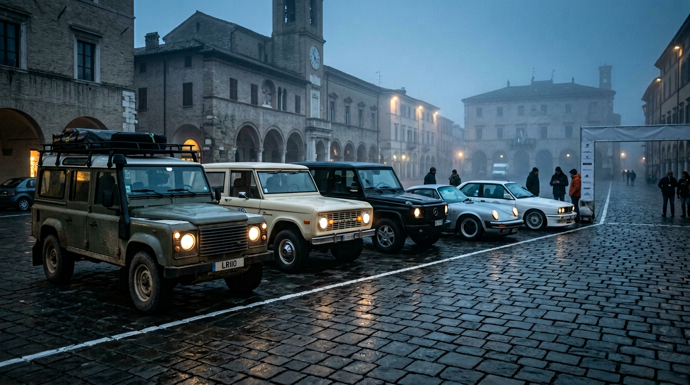 Classic rally cars lined up at the start line at dawn — H2 Rally teams