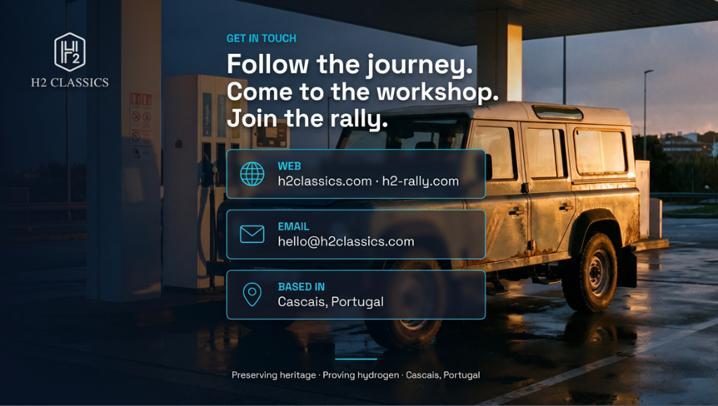 Classic Land Rover Defender on a European road at dusk — H2 Rally
